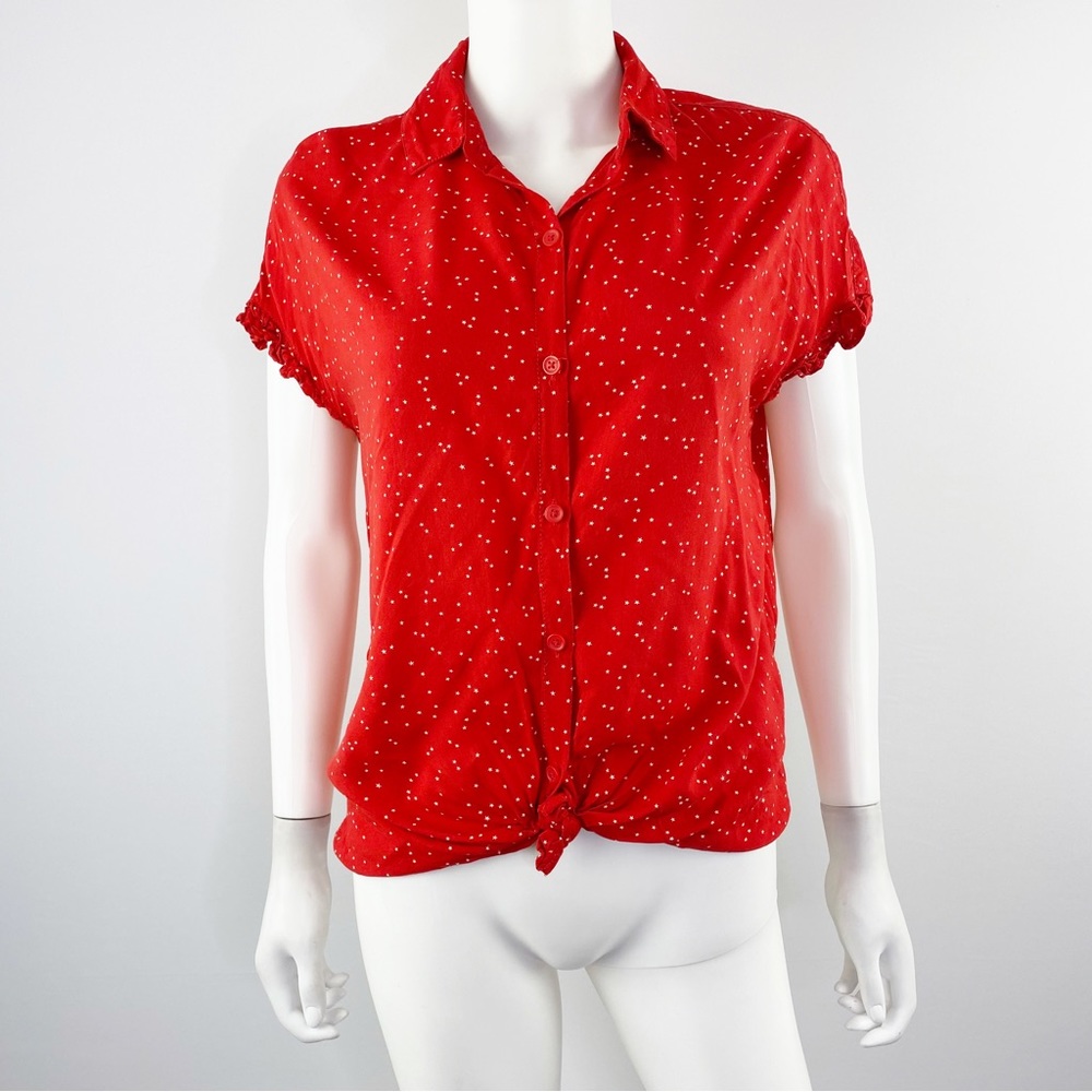 Beach Lunch Lounge Red Short Sleeve Star Print Tie Front Shirt Top Size XS